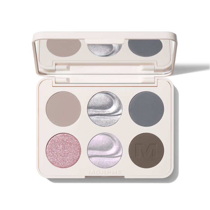 {Cyber Chrome} Morphe ChromaPlus 6-Pan Eyeshadow Palette open: cream compact labeled MORPHE with six matte and metallic shades in taupe, silver, slate, rose glitter, lilac, and smoky brown with M emboss.