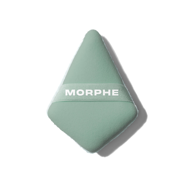 Sage green Morphe To The Point Dual-Sided Powder Puff in diamond shape with MORPHE elastic band, plush velour fabric on front.