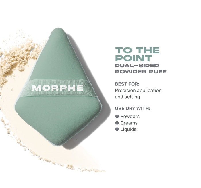Morphe To The Point Dual-Sided Powder Puff in sage green with MORPHE band; text reads "TO THE POINT DUAL–SIDED POWDER PUFF — BEST FOR: Precision application and setting — USE DRY WITH: Powders, Creams, Liquids."