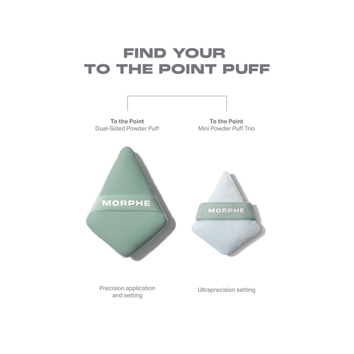 "FIND YOUR TO THE POINT PUFF" infographic comparing the To The Point Dual-Sided Powder Puff (green, MORPHE band, precision application and setting) with the To the Point Mini Powder Puff Trio (white, ultraprecision setting).