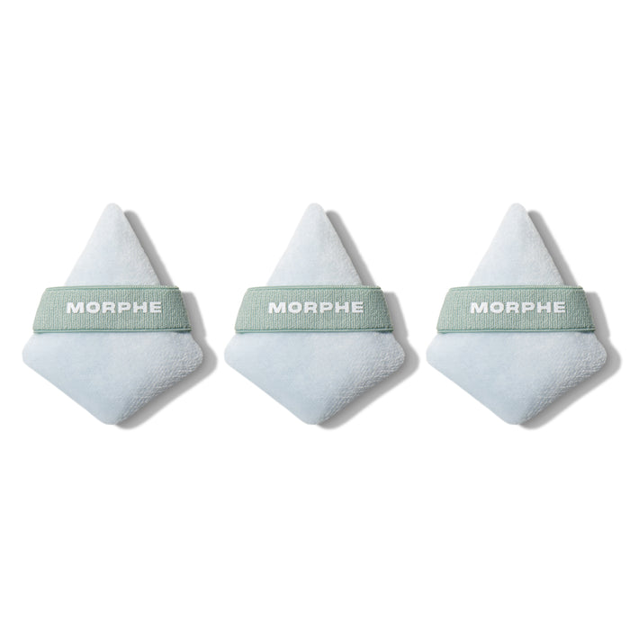To The Point Mini Powder Puff Trio featuring three white triangular powder puffs with sage green MORPHE bands on a white background.