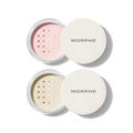 Morphe Totally Set Mini Brighten & Set Powder Duo: two open jars showing pink Brightening Pink and cream Translucent powders with white MORPHE lids.
