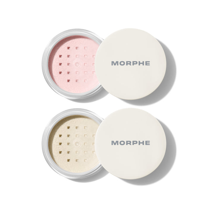 Morphe Totally Set Mini Brighten & Set Powder Duo: two open jars showing pink Brightening Pink and cream Translucent powders with white MORPHE lids.