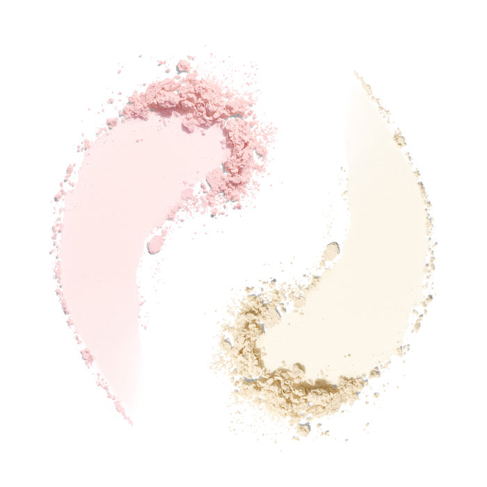 Morphe Totally Set Mini Brighten & Set Powder Duo swatches: pink Brightening Pink and cream Translucent loose powder swirls.