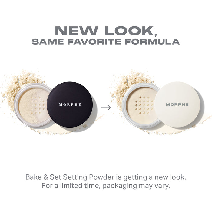 Morphe Bake & Set Setting Powder packaging update: New Look, Same Favorite Formula, old black lid changing to new white MORPHE lid.