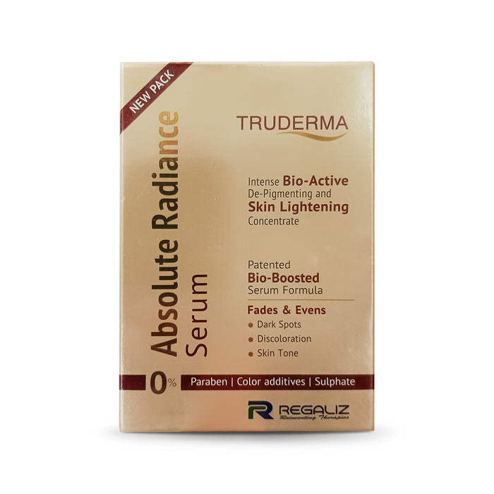 Packaging of Truderma Absolute Radiance serum, indicating it is a new pack, with claims of being bio-active, having 0.1% parabens, 0.