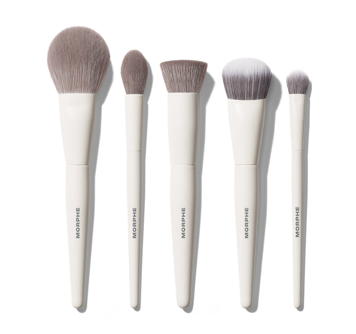 Morphe Portrait Mode 5 Piece Face Brush Set featuring five gray-bristled brushes on cream handles each labeled MORPHE, arranged by size.