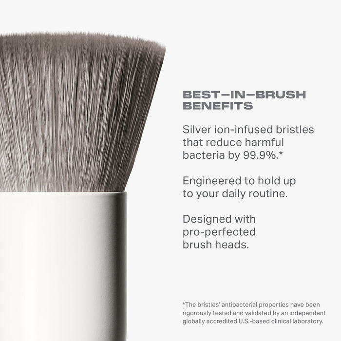 Portrait Mode 5 Piece Face Brush Set infographic: "BEST-IN-BRUSH BENEFITS — Silver ion-infused bristles that reduce harmful bacteria by 99.9%.* Engineered to hold up to your daily routine. Designed with pro-perfected brush heads."