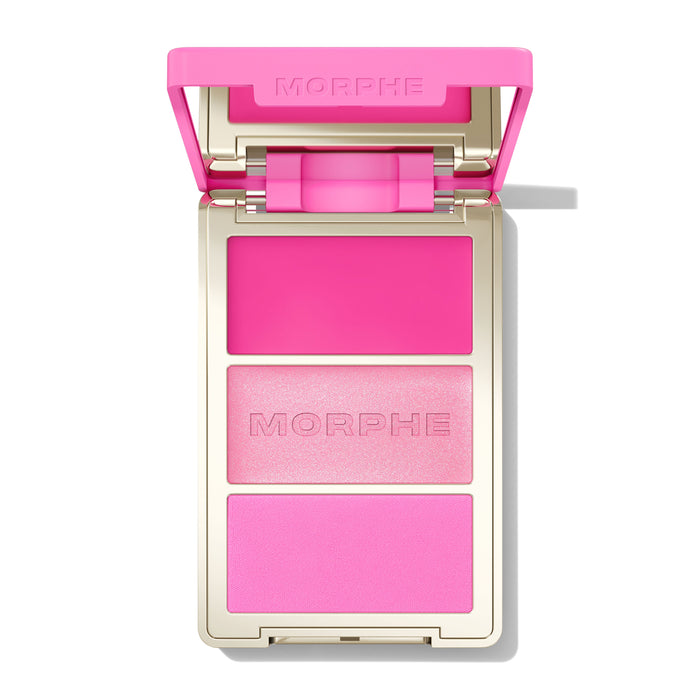 {Apres-Ski} Open Morphe Cheek Thrills Multi-Finish Face Trio with hot pink lid, hot pink cream, pink shimmer with MORPHE engraved, pink matte.