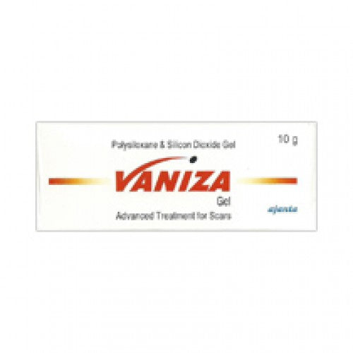 Packaging of Vaniza Gel, showing the brand name and the text 'Advanced Treatment for Scars', with a weight indication of 10 gm.