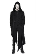 Person wearing a long black coat with a hood on a white background