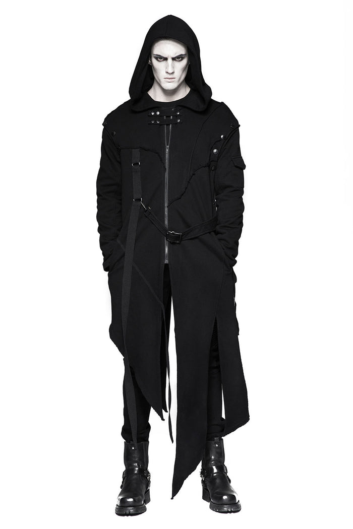 Person wearing a long black coat with a hood on a white background