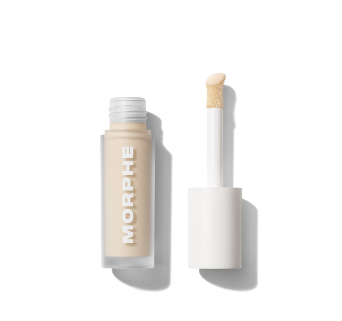 {Cream 1w} Morphe Wakeup Artist Under Eye Correcting Concealer open tube with doe-foot applicator, "MORPHE" printed on frosted white bottle.