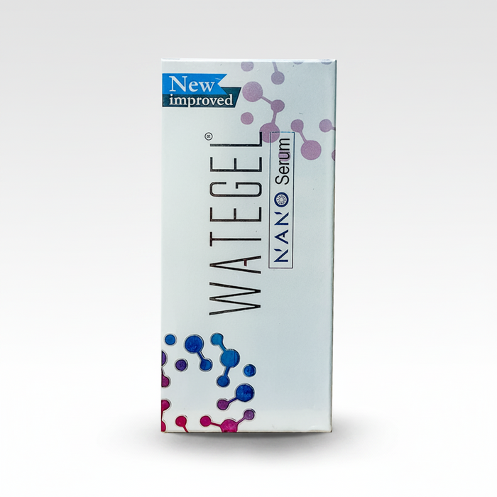 A box of WateGel Nano Serum, with branding and design elements suggesting moisturizing properties for skin.